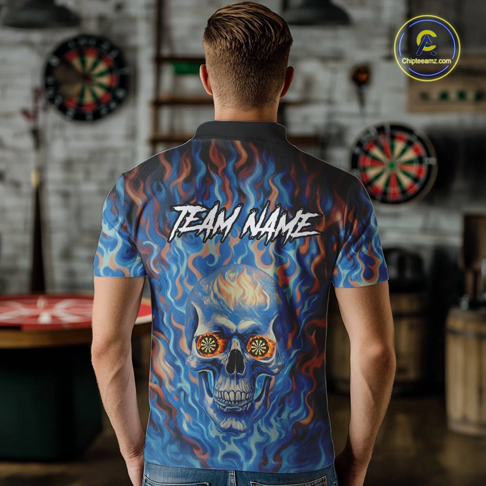 Custom Blue Fire Flaming Skull Dartboard Men Darts Polo League Shirts Outfits Dart Jerseys NYN2207