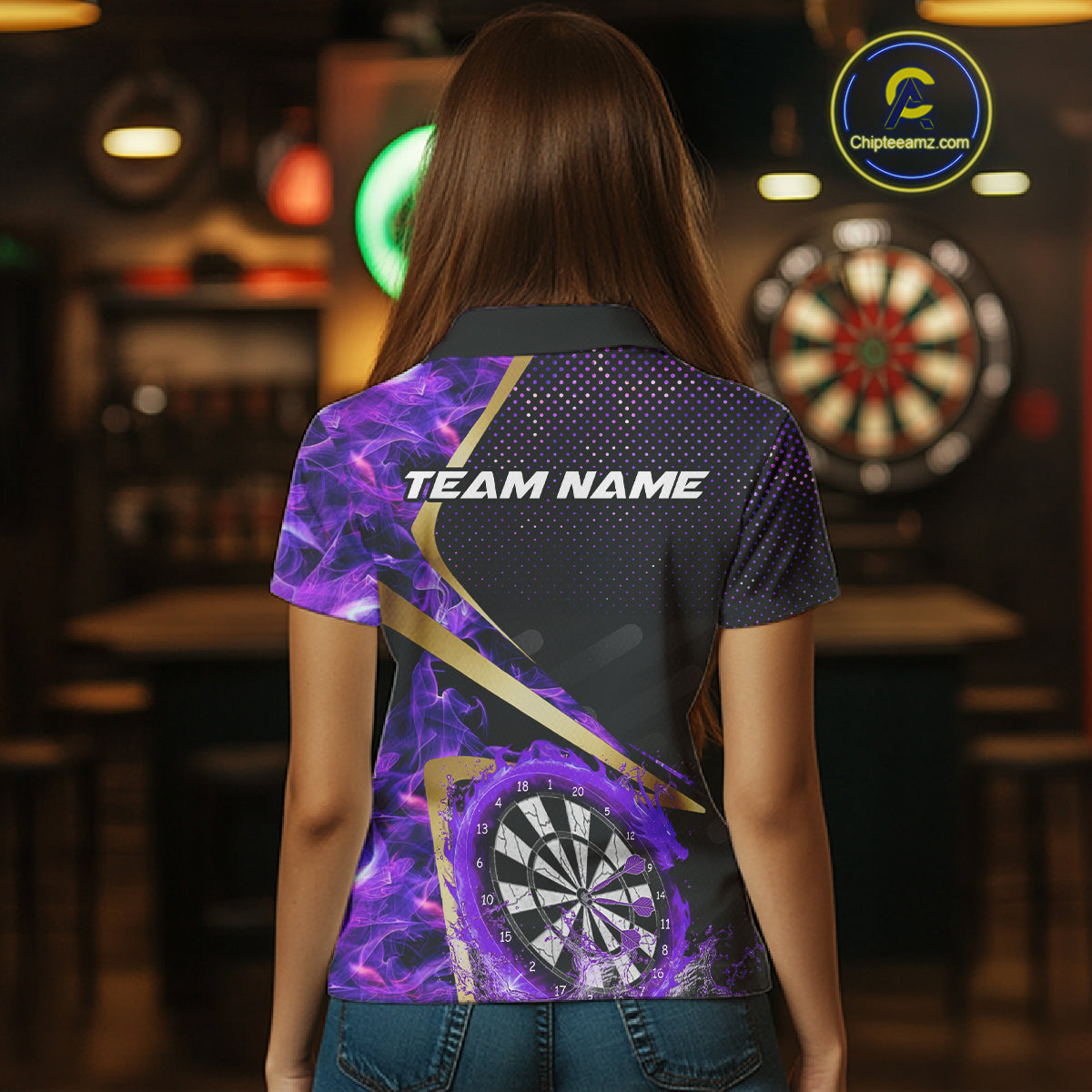 Custom Purple Flames Dragon Dartboard Halftone Dart Women Polo Jerseys Gold Dart Team Shirt NYN1691