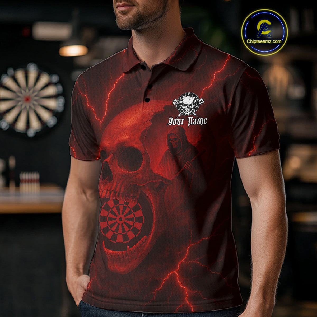 Custom Lightning Red Grim Reaper Dartboard Men Dart Polo Shirt Skull Dart Team Jersey NYN1444