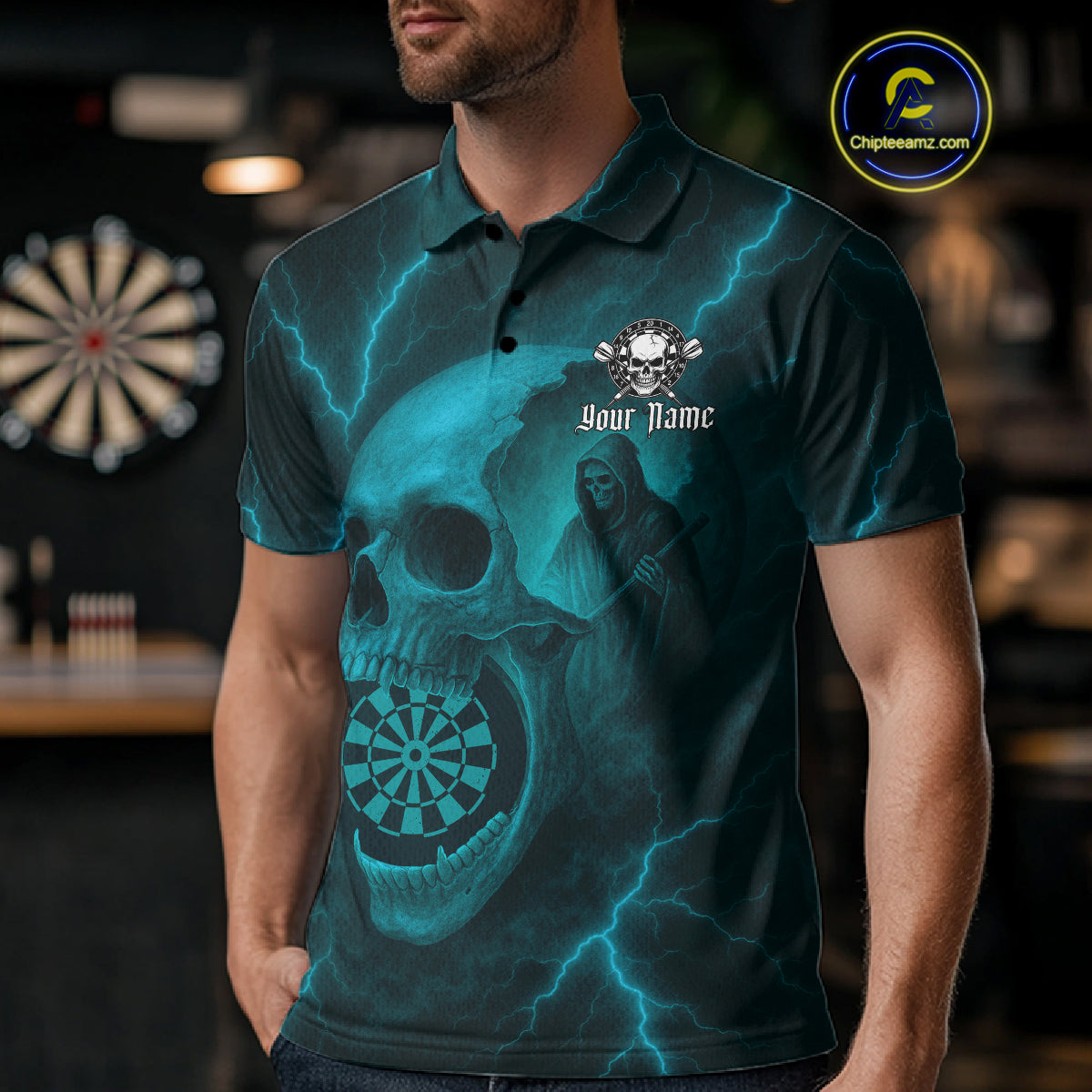 Custom Lightning Turquoise Grim Reaper Dartboard Men Dart Polo Shirt Skull Dart Team Jersey NYN1446