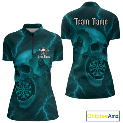 Custom Lightning Turquoise Grim Reaper Dartboard Women Dart 1/4-Zip Shirt Skull Dart Team Jersey NYN1446