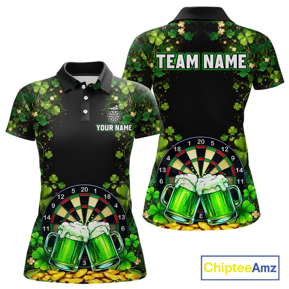 Cheer Beer & Play Dartboard Shamrock Women Darts Polo Shirt Custom St Patrick's Day Darts Jersey NYN2534