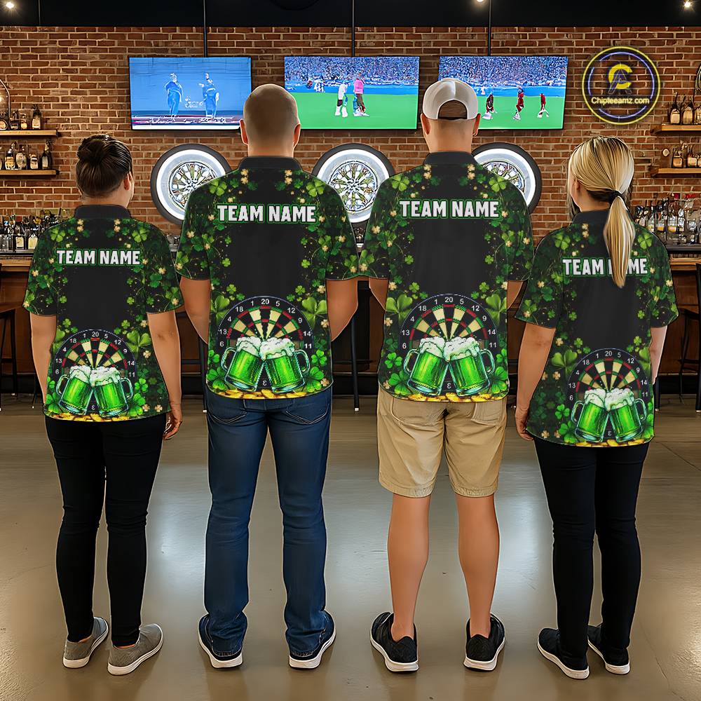 Cheer Beer & Play Dartboard Shamrock Men Darts Polo Shirt Custom St Patrick's Day Darts Jersey NYN2534