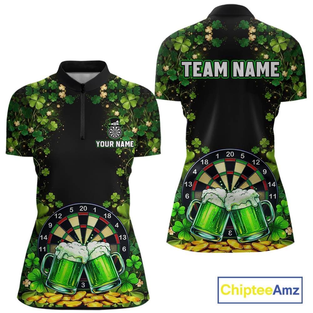 Cheer Beer & Play Dartboard Shamrock Women Darts Quarter-Zip Shirt Custom St Patrick's Day Darts Jersey NYN2534