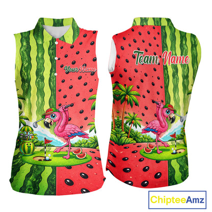 Flamingo Watermelon Sleeveless Polo Shirt Womens Golf Polo Shirts Custom Tropical Flamingo Golf Shirts NYN2878