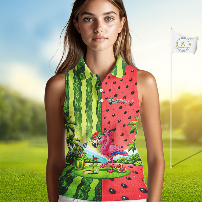 Flamingo Watermelon Sleeveless Polo Shirt Womens Golf Polo Shirts Custom Tropical Flamingo Golf Shirts NYN2878