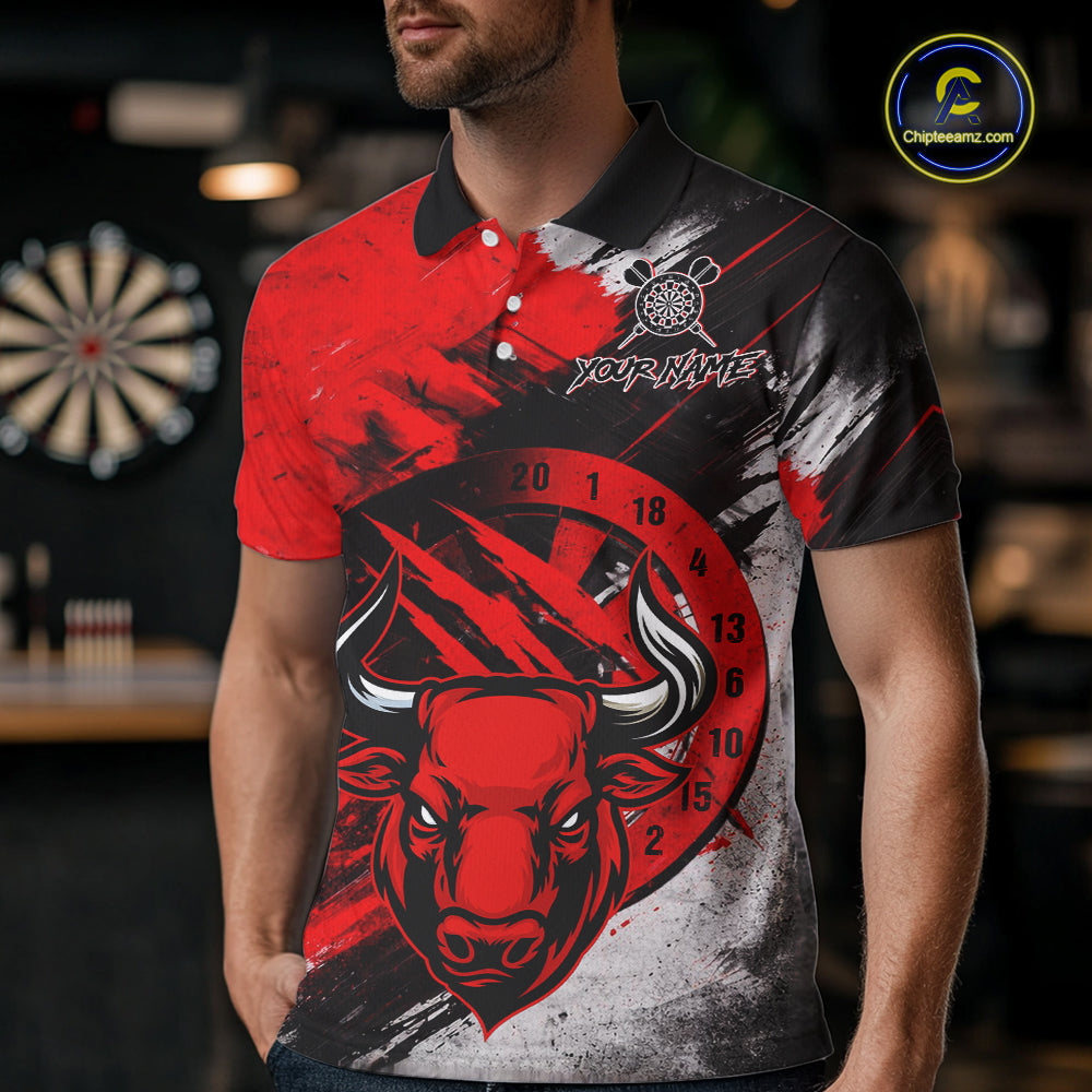 Custom Red Grunge Funny Bull Darts Polo & 1/4 Zip Shirt For Men Bull Darts Team Jerseys NYN2890