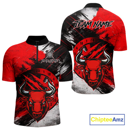 Custom Red Grunge Funny Bull Darts Polo & 1/4 Zip Shirt For Men Bull Darts Team Jerseys NYN2890