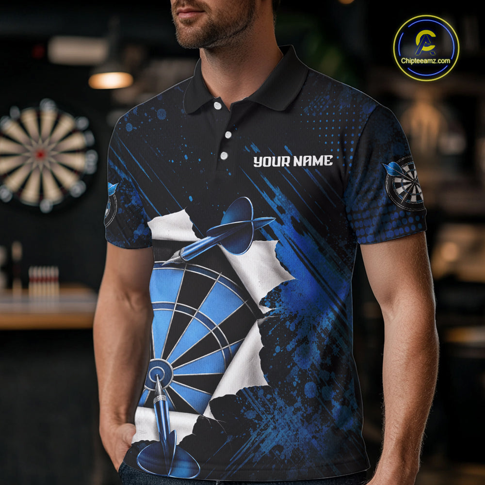 Custom Grunge Blue Torn Darts Polo & Quarter-Zip For Men Blue Spatter Outfit Dart Team Jerseys NYN2903