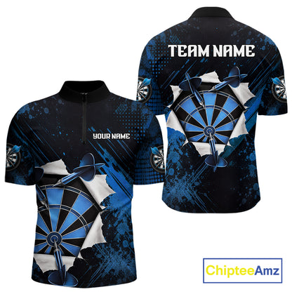 Custom Grunge Blue Torn Darts Polo & Quarter-Zip For Men Blue Spatter Outfit Dart Team Jerseys NYN2903