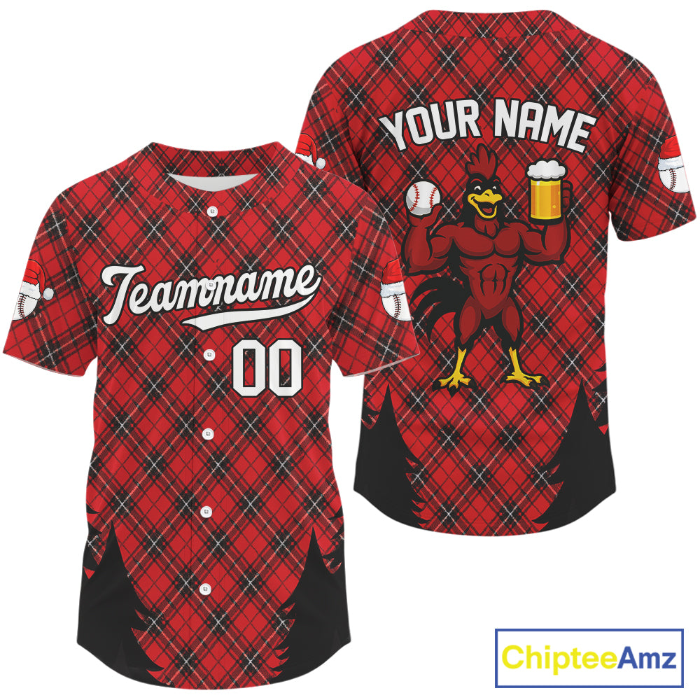 Custom Red Caro Funny Rooster Baseball Christmas Shirt For Men Xmas Funny Baseball Jerseys NYN1501