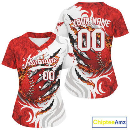 Custom White And Red Scracked Baseball Ball Shirt For Women Fire Flames Baseball Jerseys NYN1505