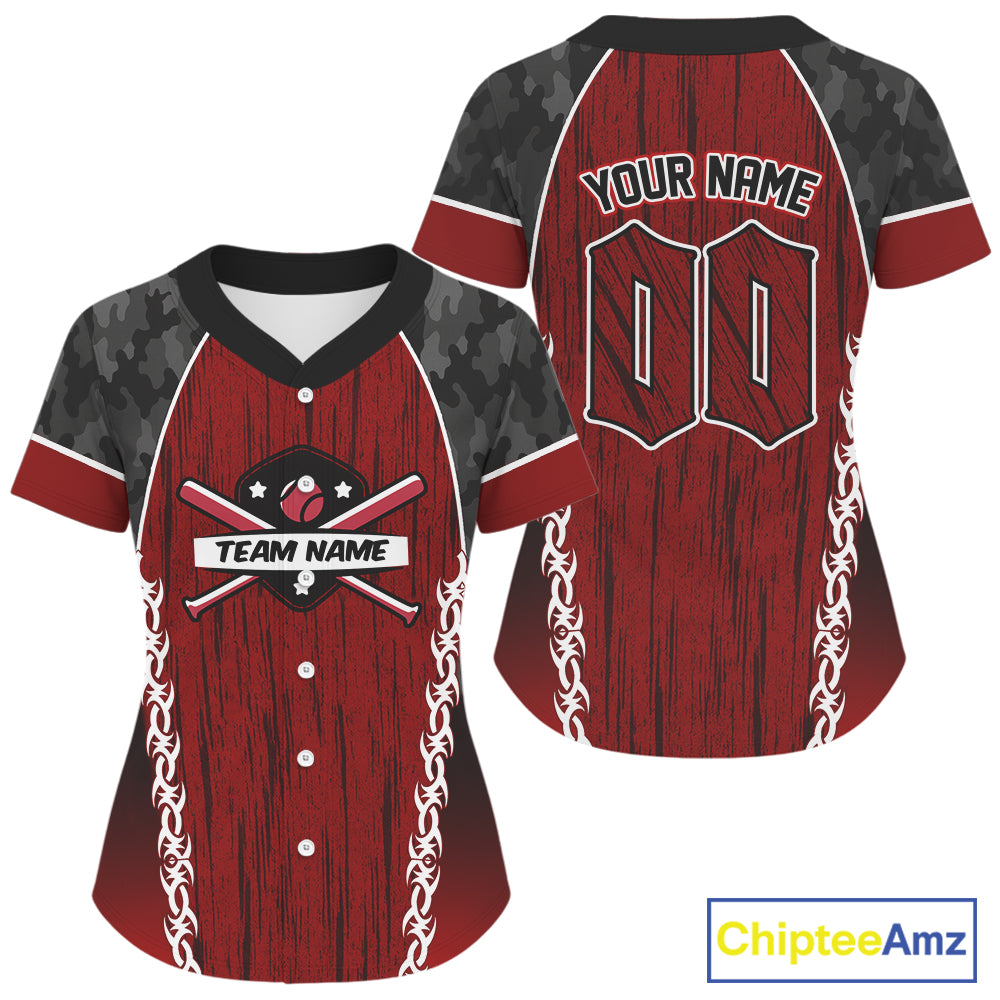 Custom Black Camoflage And Red Grunge Baseball Shirt For Women Baseball Uniform Jerseys NYN1509