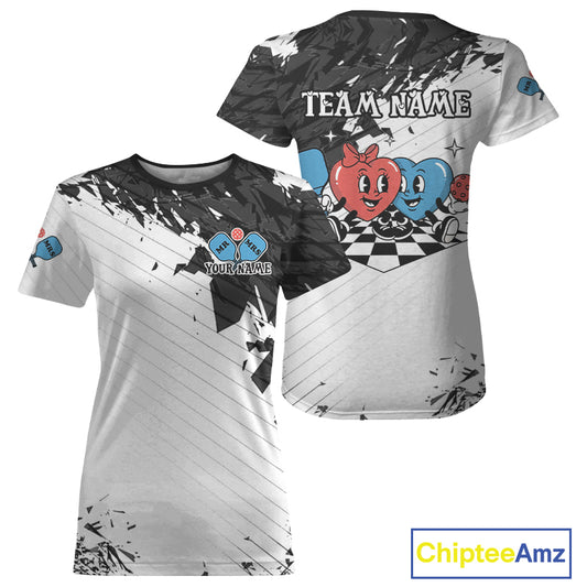 Custom Black & White Funny Heart Pickleball T-Shirt For Women Pickleball Couple Jerseys NYN1749