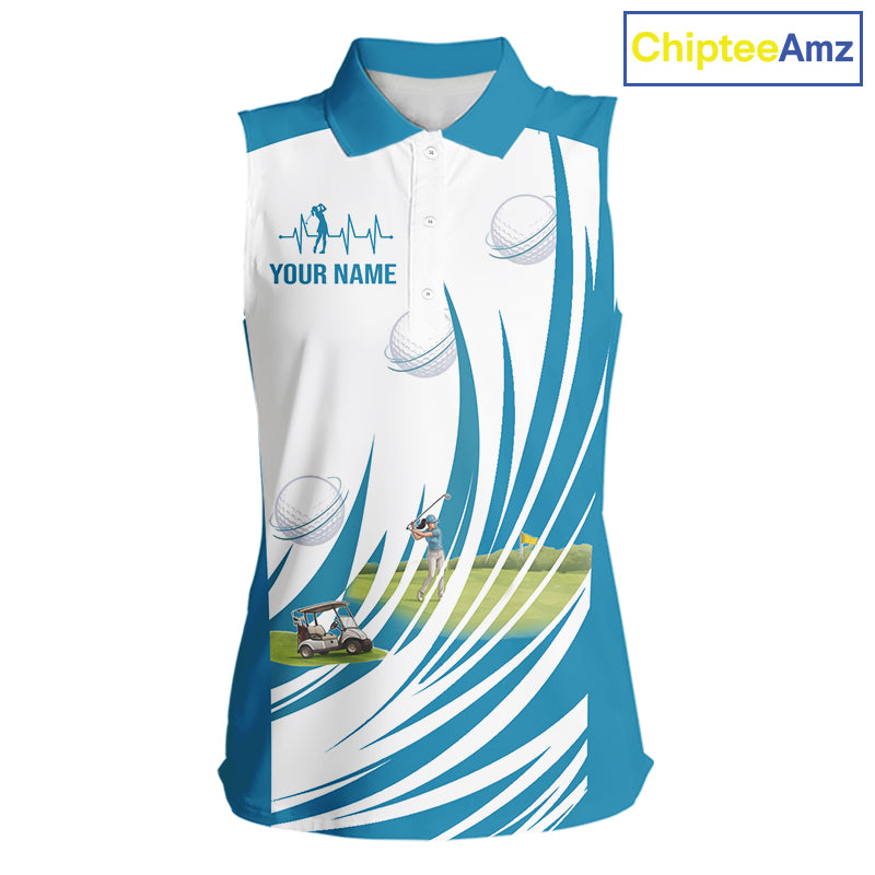 Women White And Blue Golf Shirts Sleeveless Golf Clothing Custom White Polo Golf Shirts, Gifts For The Golfer NYN2933
