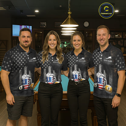 Grunge US Flag Beer Pool 8 Ball & 9 Ball Men Billiard Shirt Custom Patriotic Billiard Team Attire NYN2560