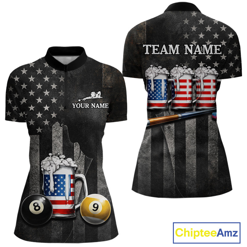 Grunge US Flag Beer Pool 8 Ball & 9 Ball Women's Billiard Shirt Custom Patriotic Billiard Team Attire NYN2560