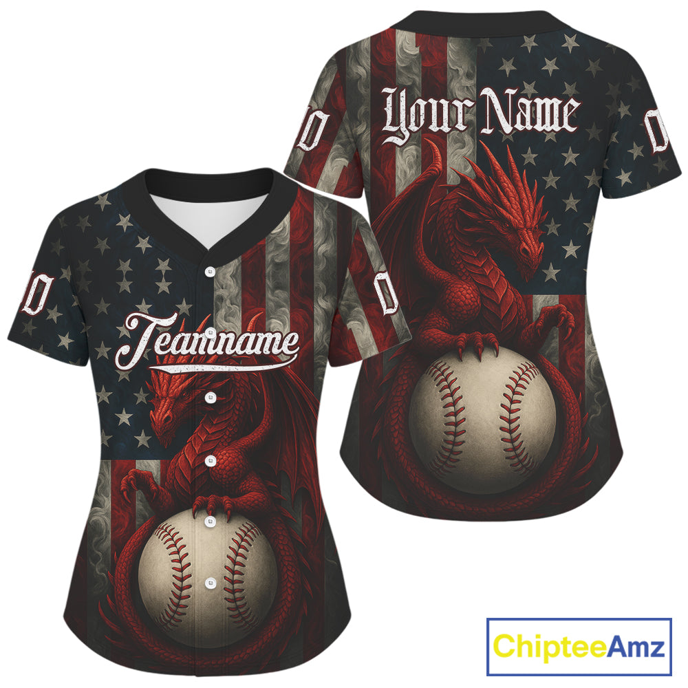 Custom Red Smoke Dragon Patriotic Baseball Shirt For Women US Flag Baseball Jerseys NYN1515