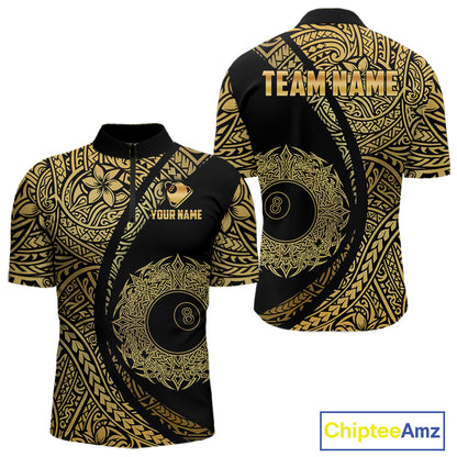 Black & Gold 8 Ball Crown Billiard Polo & 1/4 Zip Shirt For Men Custom Tribal Pool Team Jerseys NYN2944