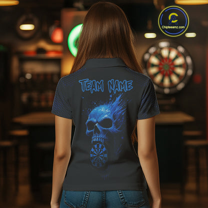 Custom Black And Blue Skull Dart Polo Shirt For Women Dartboard Skull Grunge Dart Jerseys NYN1524