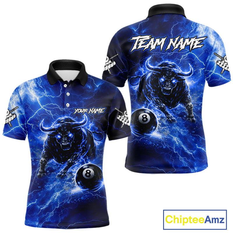 Thunder Lightning Blue Funny Bull 8 Ball Pool Men Billiard Shirt Custom Billiard Team Attire NYN2732