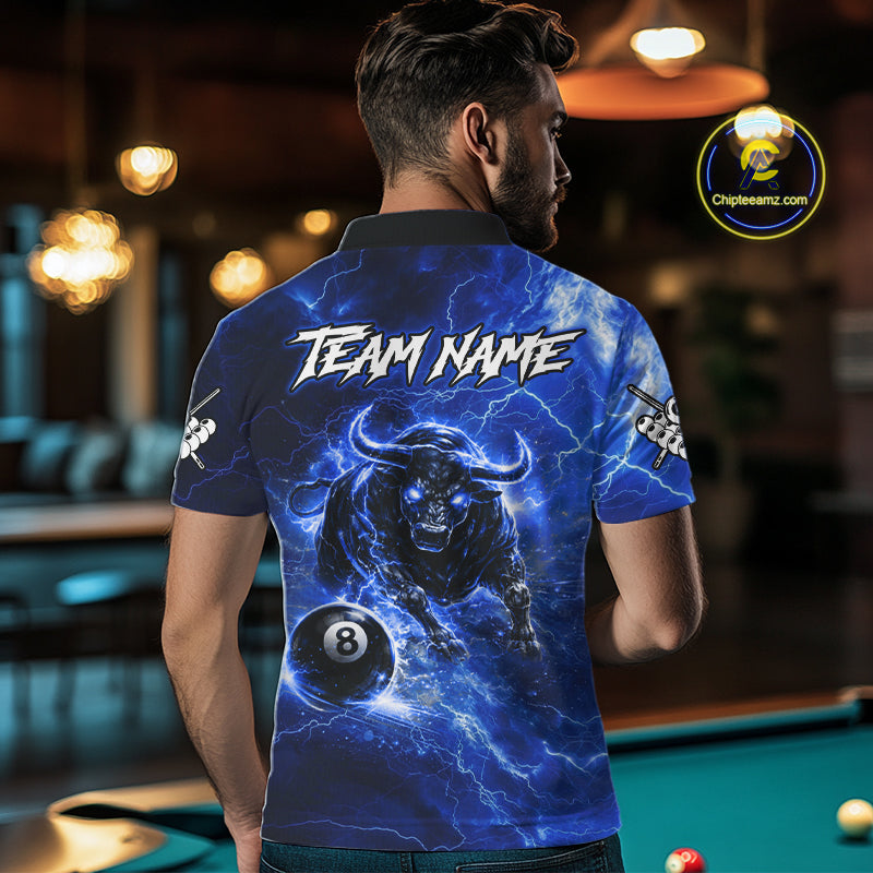 Thunder Lightning Blue Funny Bull 8 Ball Pool Men Billiard Shirt Custom Billiard Team Attire NYN2732