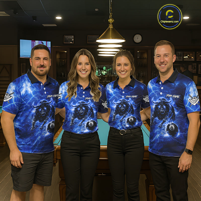 Thunder Lightning Blue Funny Bull 8 Ball Pool Men Billiard Shirt Custom Billiard Team Attire NYN2732