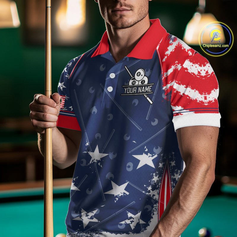 Blue Red Grunge US Flag 8 Ball Pool Men Billiard Ball Cue Shirt Custom Patriotic Billiard Team Attire NYN2734