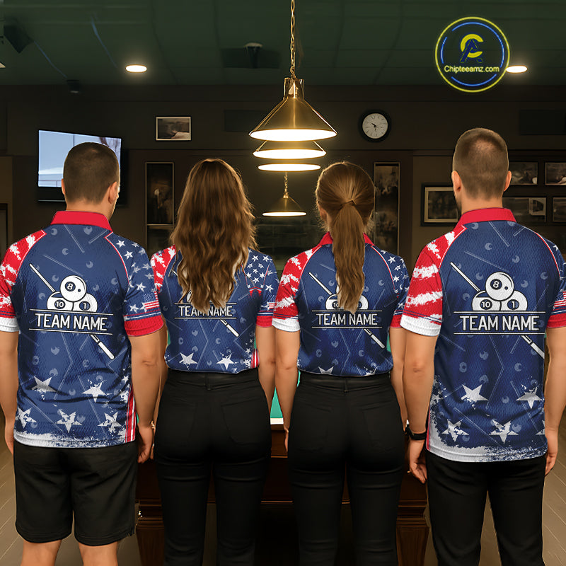 Blue Red Grunge US Flag 8 Ball Pool Men Billiard Ball Cue Shirt Custom Patriotic Billiard Team Attire NYN2734