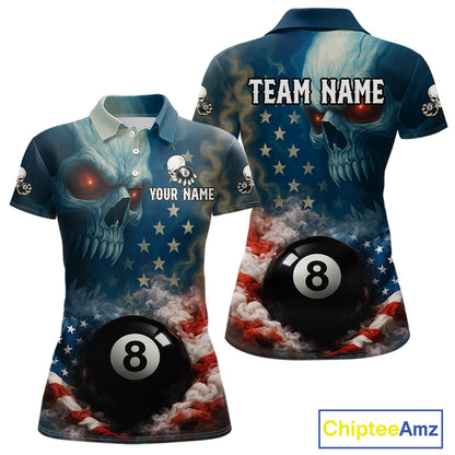 American Flag Skull Smoke 8 Ball Billiard 3D Shirt For Women Personalized Pool Billiard Team Attire NYN2745
