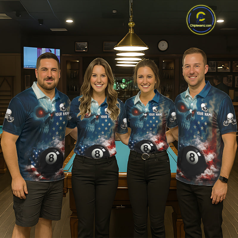 American Flag Skull Smoke 8 Ball Billiard 3D Shirt For Men Personalized Pool Billiard Team Attire NYN2745