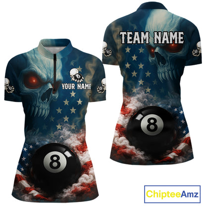 American Flag Skull Smoke 8 Ball Billiard 3D Shirt For Women Personalized Pool Billiard Team Attire NYN2745