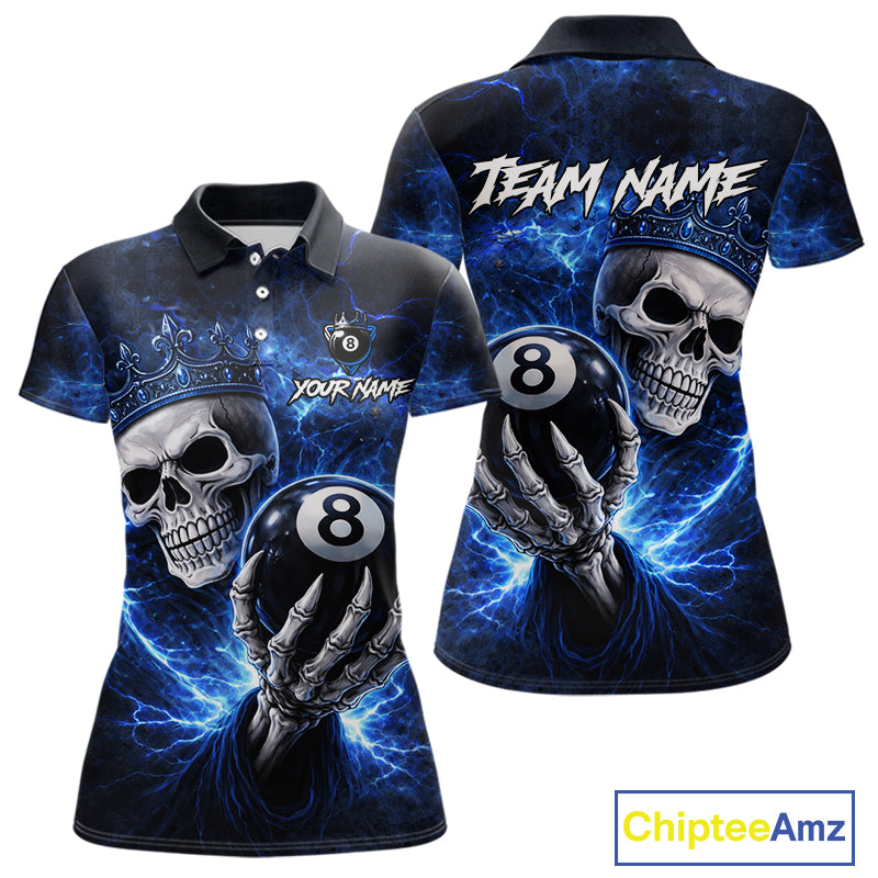 Blue Crown Skull Holding Thunder Pool 8 Ball Billiard Shirt For Women Custom Billiard Team Attire NYN2602