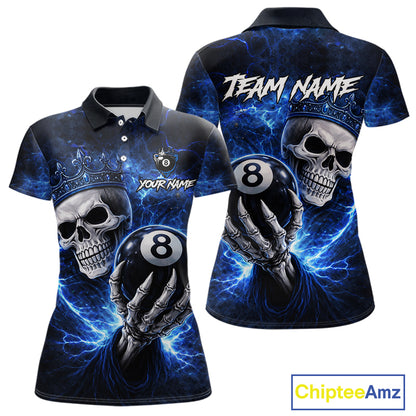 Blue Crown Skull Holding Thunder Pool 8 Ball Billiard Shirt For Women Custom Billiard Team Attire NYN2602