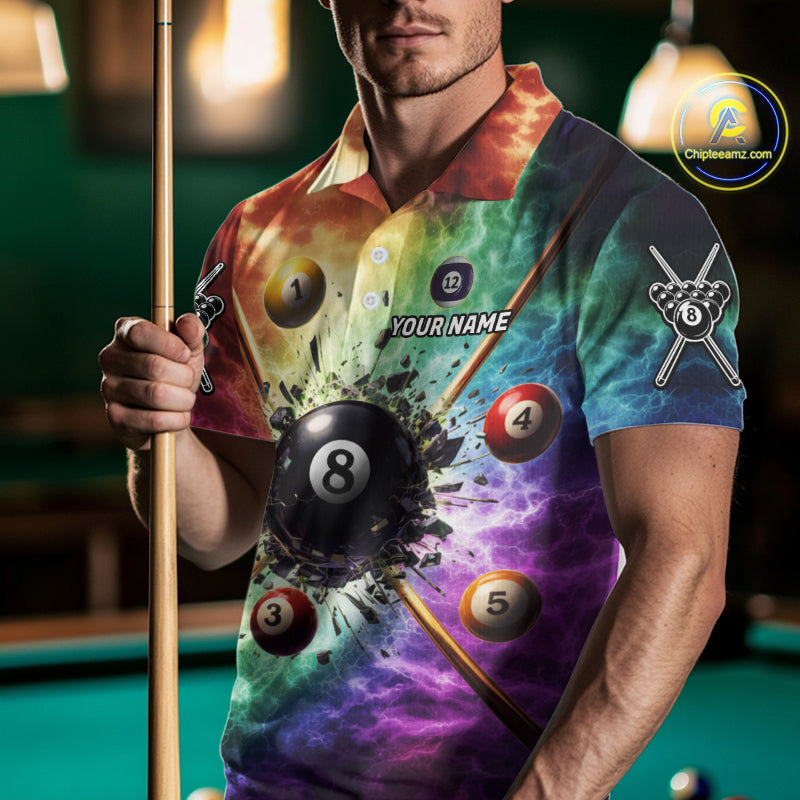 Personalized Crack Pool 8 Ball Men Billiard Team Shirt Colorful Thunder Billiard Attire NYN2368