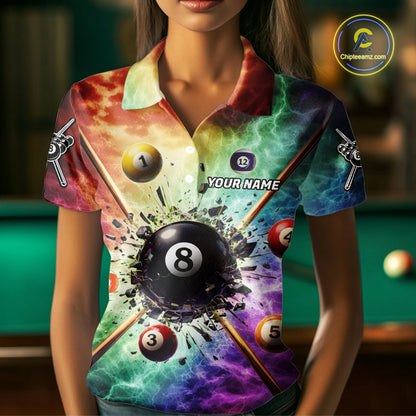 Personalized Crack Pool 8 Ball Women Billiard Team Shirt Colorful Thunder Billiard Attire NYN2368