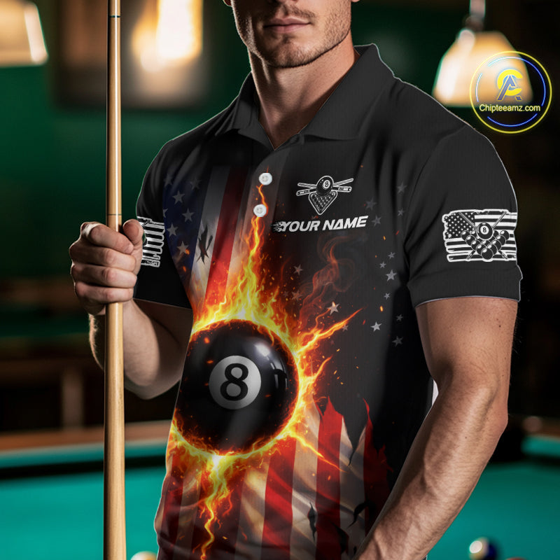 Flame 8 Ball Pool Men Billiard Polo & 1/4-Zip Shirt Custom US Flag Billiard Team Jersey NYN2372