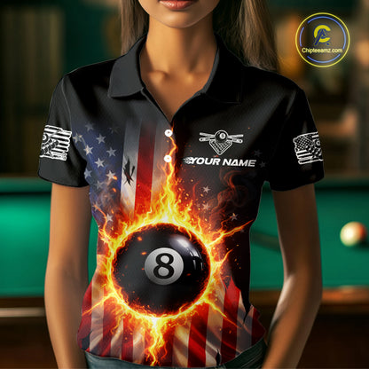 Flame 8 Ball Pool Women Billiard Polo & 1/4-Zip Shirt Custom US Flag Billiard Team Jersey NYN2372