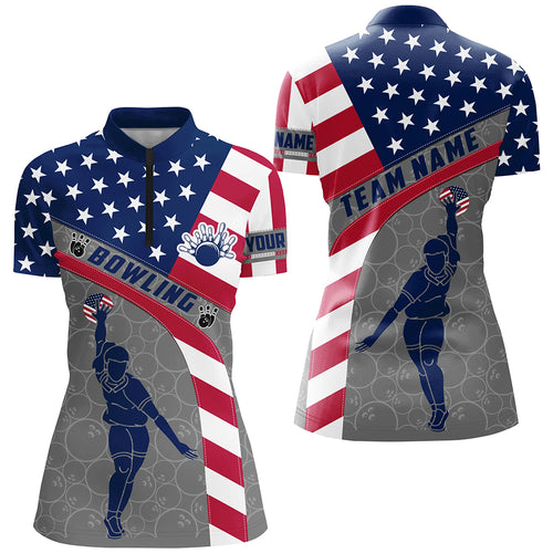 Camo US Flag Bowling Shirt Patritotic Bowling Team Jersey 1/4 Zip Bowling Shirt for Women QZT256