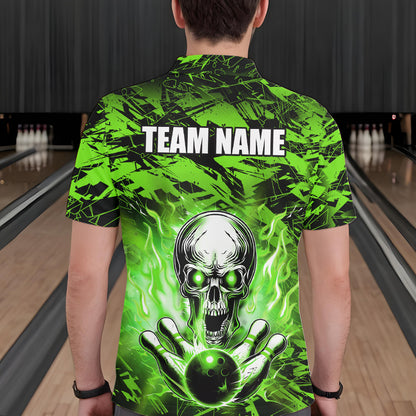 Personalized Green Flame Skull Bowling Jersey Camo Polo Bowling Team Shirt QZT670