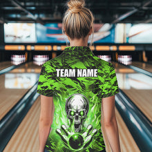 Load image into Gallery viewer, Personalized Green Flame Skull Bowling Jersey Camo Polo Bowling Team Shirt QZT670