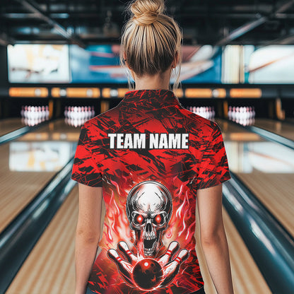 Personalized Red Flame Skull Bowling Jersey Camo Polo Bowling Team Shirt QZT670