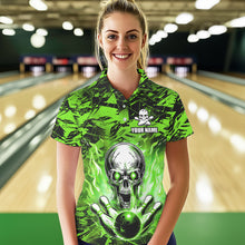 Load image into Gallery viewer, Personalized Green Flame Skull Bowling Jersey Camo Polo Bowling Team Shirt QZT670