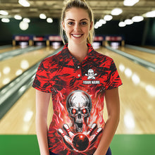 Load image into Gallery viewer, Personalized Red Flame Skull Bowling Jersey Camo Polo Bowling Team Shirt QZT670