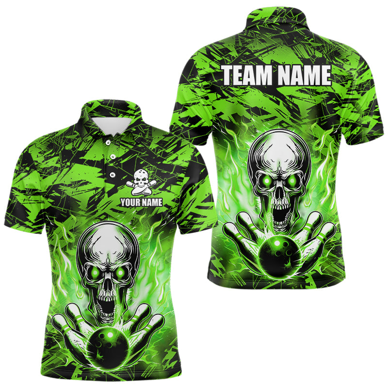 Personalized Green Flame Skull Bowling Jersey Camo Polo Bowling Team Shirt QZT670