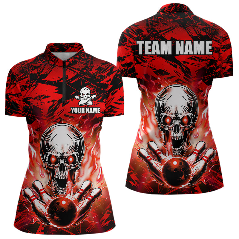 Personalized Red Flame Skull Bowling Jersey Camo Quarter-Zip Bowling Team Shirt QZT670