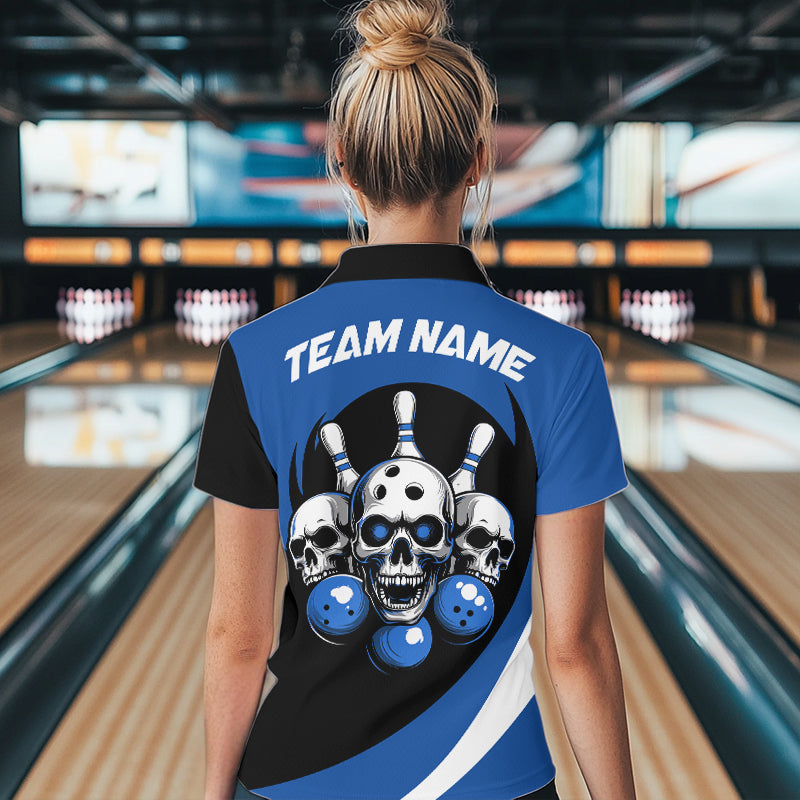 Custom Blue Skull Bowling Shirt Quarter-Zip Bowling Jersey for Men Women Bowling Outfit QZT671