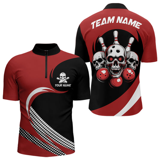 Custom Red Skull Bowling Shirt Quarter-Zip Bowling Jersey for Men Women Bowling Outfit QZT671