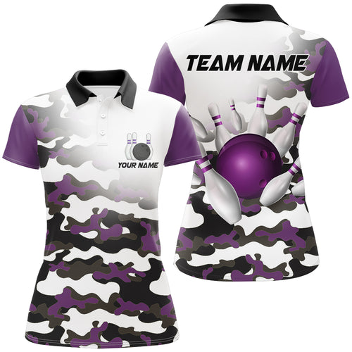 Personalized Camo Purple Bowling Shirts for Women Polo Bowling Team Jersey QZT504