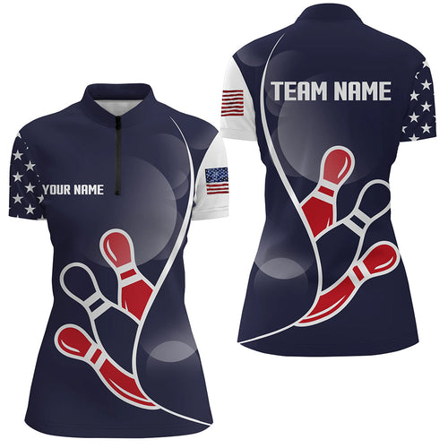 US Flag Bowling Shirt Custom Bowling Team Jersey Quarter Zip Bowling Shirt for Women Bowlers Jersey QZT291